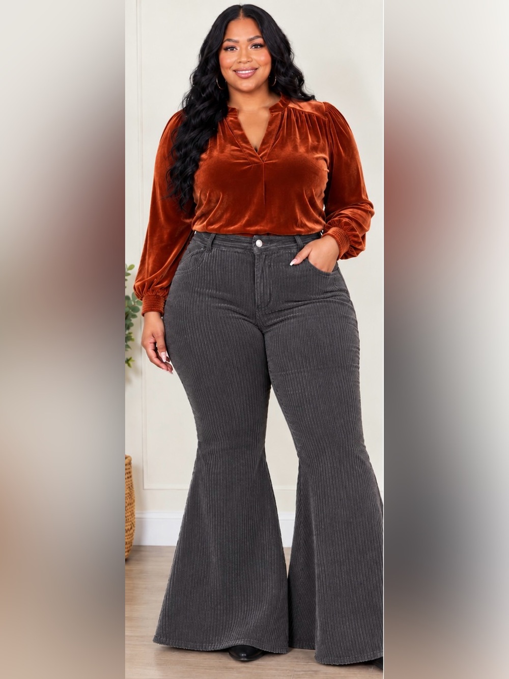 Women's Charcoal Flared Velvet-Look Pants New Without Tags